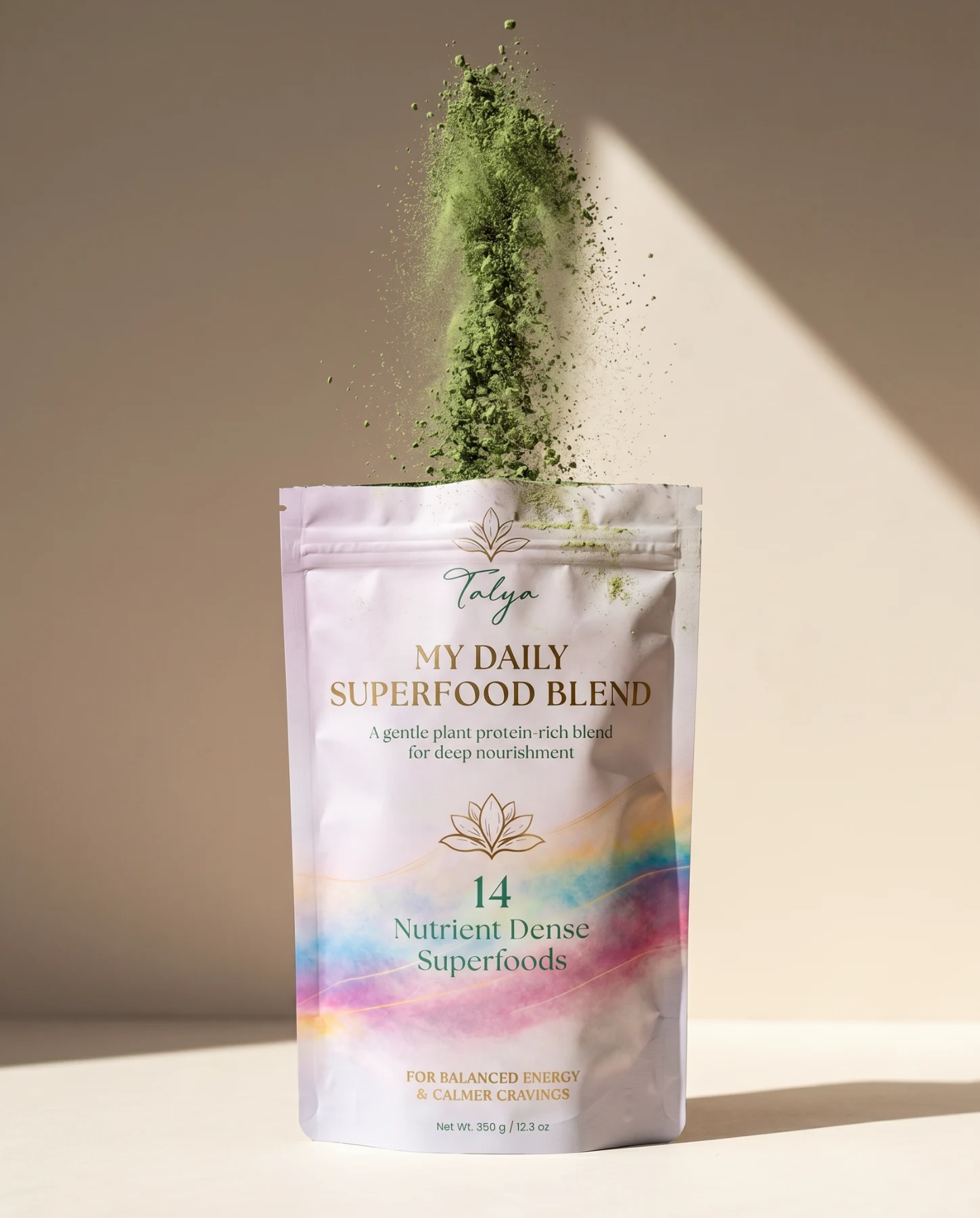 Talya superfood pouch with green powder falling into it