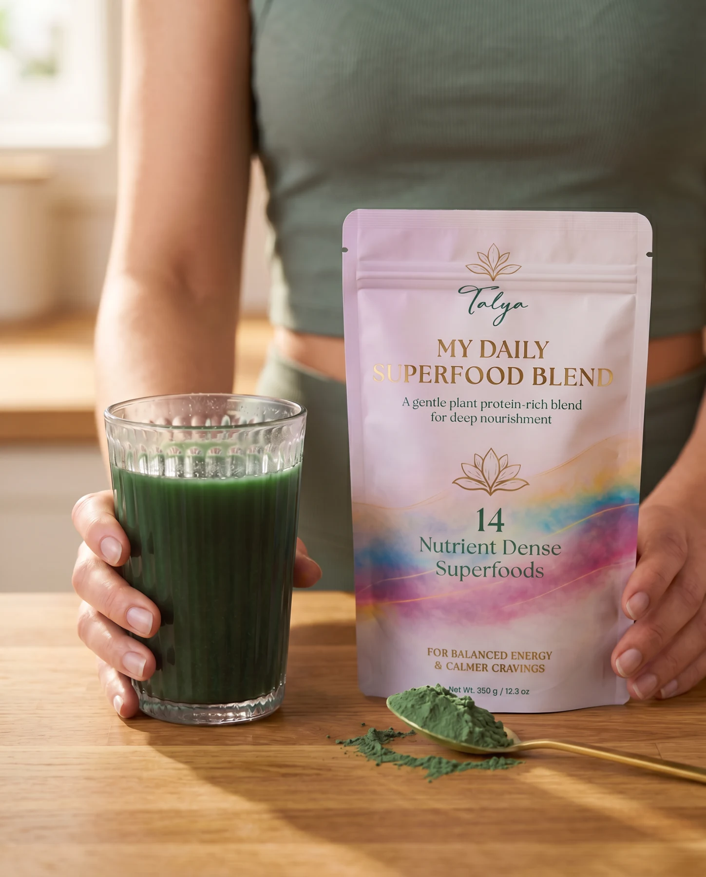 Hands holding a green drink and Talya superfood pouch in a sunlit kitchen