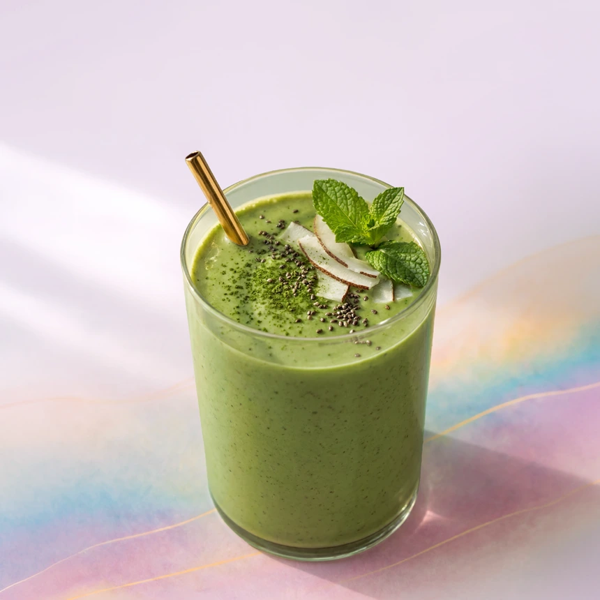 Creamy green smoothie with mint and a gold straw